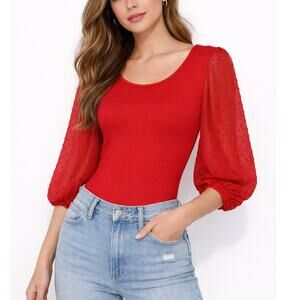 NEW Womens Red Puff Sleeve Fitted Bodysuit M Stretch Smoke & Mirrors